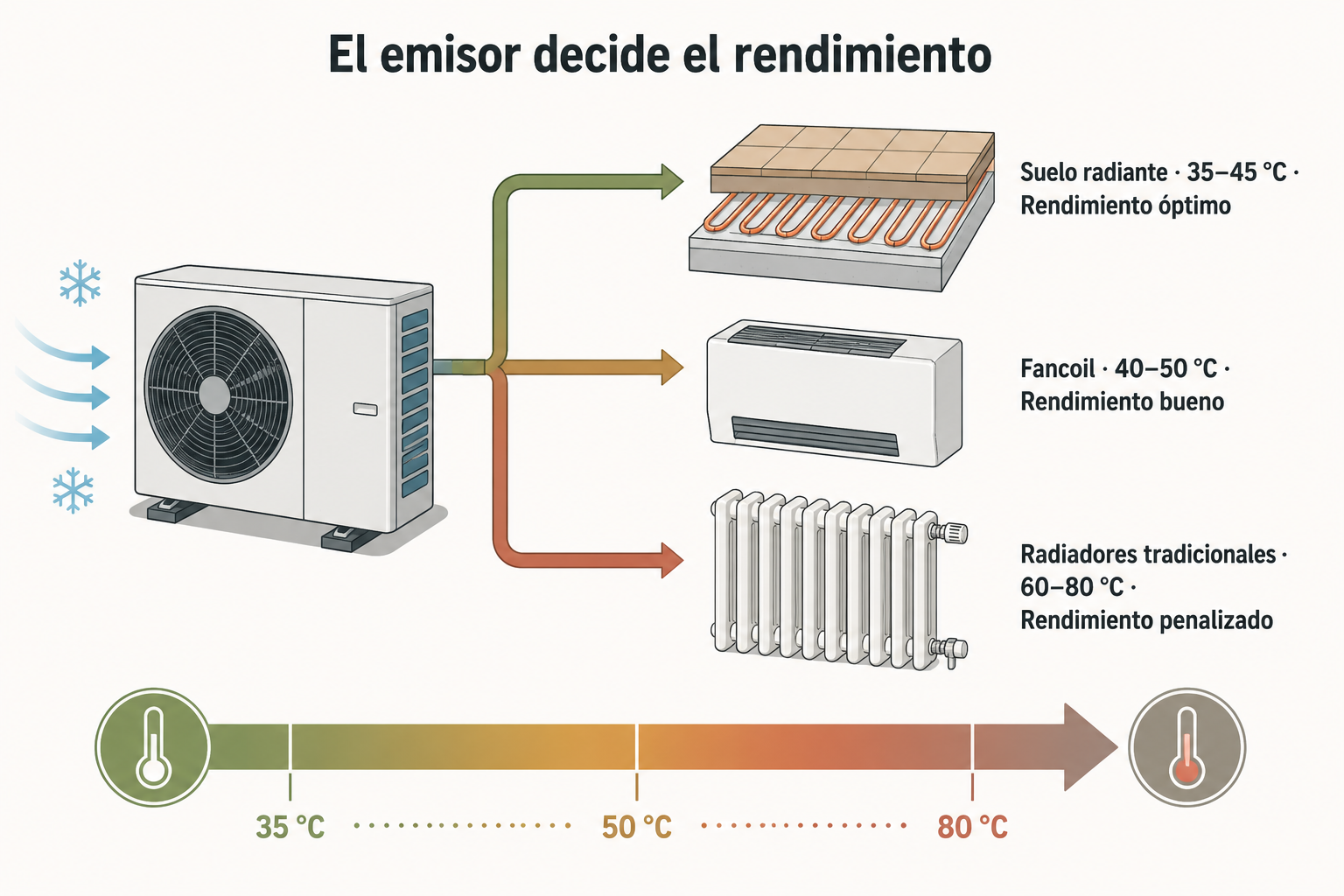 Comparativa ilustrada del rendimiento de la aerotermia según el emisor: suelo radiante, fancoils y radiadores tradicionales, con su temperatura de impulsión