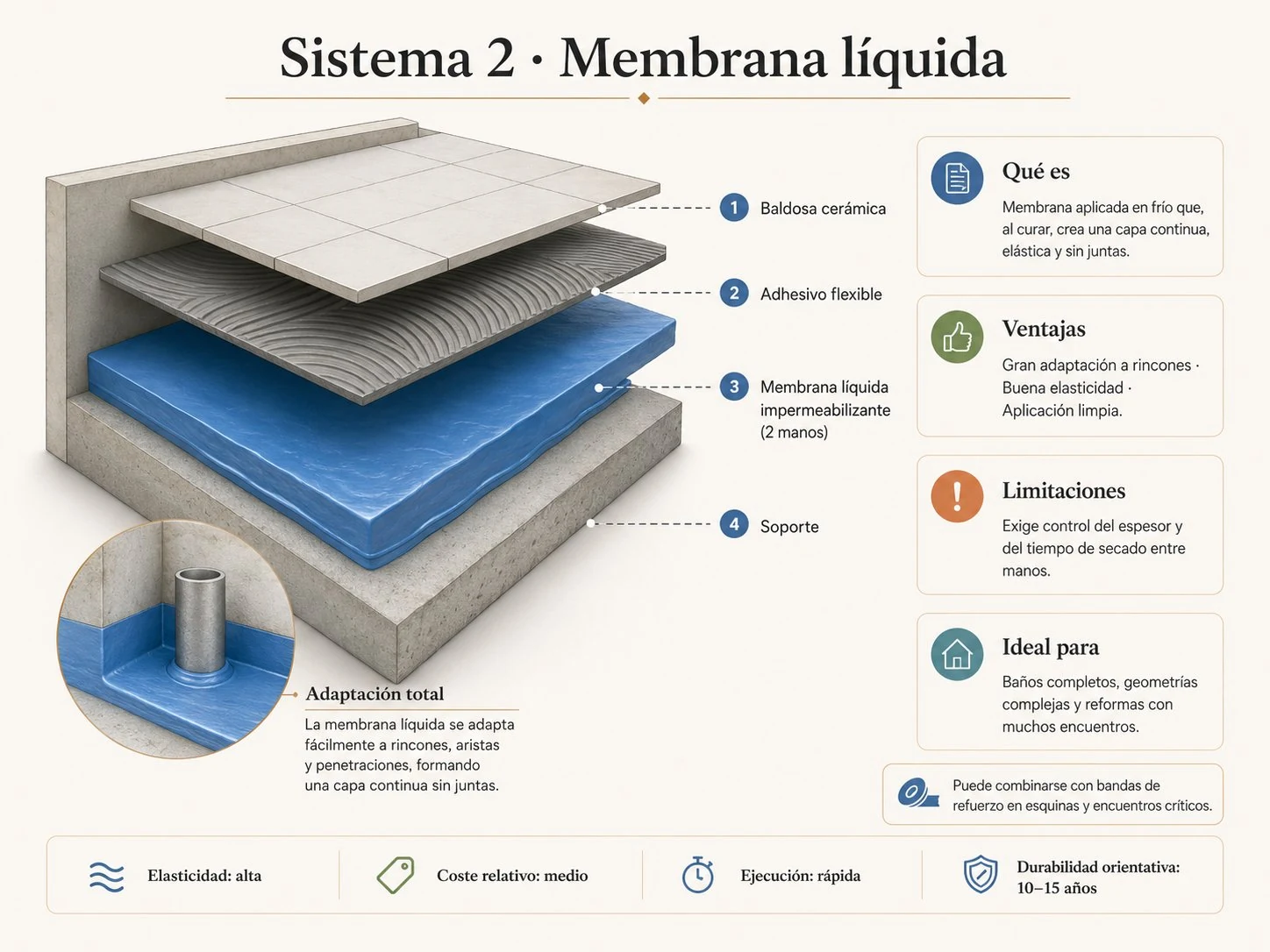 Sistema 2: membrana líquida impermeabilizante. Sección de capas: soporte, membrana líquida aplicada en 2 manos formando una capa continua y elástica sin juntas, adhesivo flexible y baldosa cerámica. Elasticidad alta, coste medio, durabilidad 10-15 años