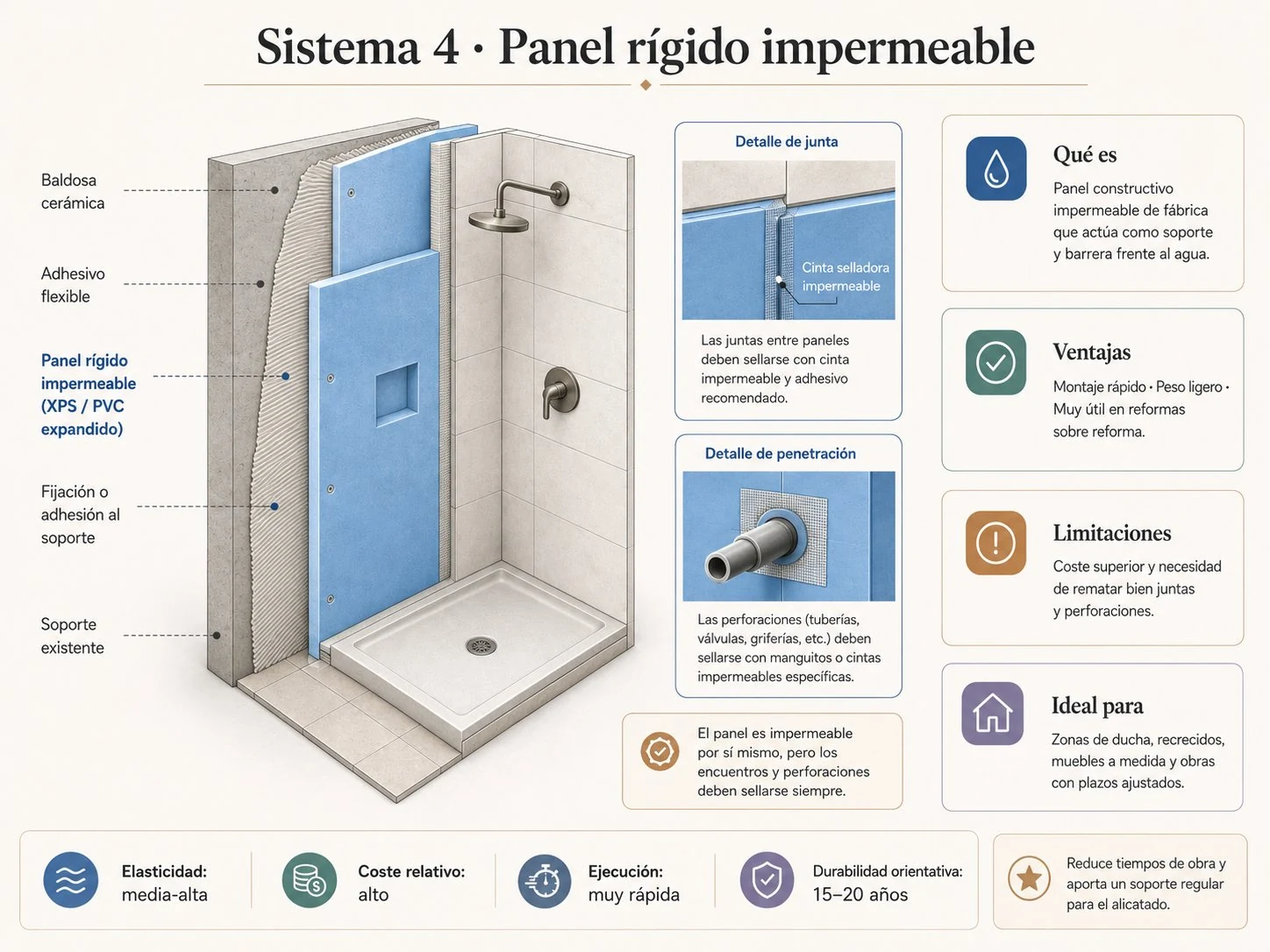 Sistema 4: panel rígido impermeable de XPS o PVC expandido instalado en una ducha, con detalle de junta sellada con cinta impermeable y detalle de penetración de tubería. Elasticidad media-alta, coste alto, ejecución muy rápida, durabilidad 15-20 años