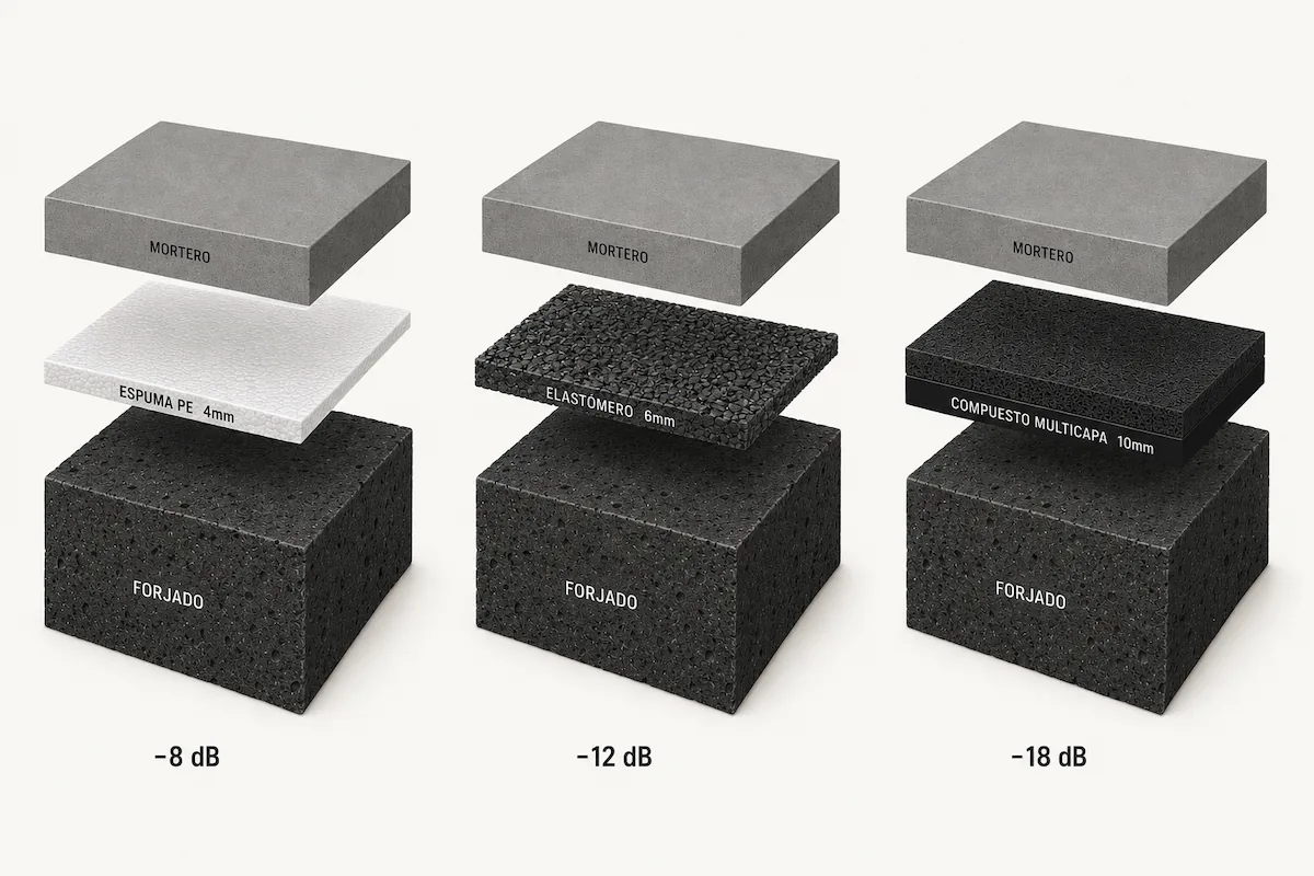 Comparativa técnica de tres tipos de lámina antiimpacto en sección transversal, dispuestas en columnas: columna izquierda con espuma de polietileno reticulado PE de color blanco 4mm, columna central con elastómero de caucho reciclado de color gris oscuro 6mm, columna derecha con polímero bituminoso elastomérico de color negro 9mm. Cada sección muestra la lámina entre el forjado de hormigón y la capa de mortero semiseco, con indicador gráfico de la mejora acústica L'nT,w de menor a mayor