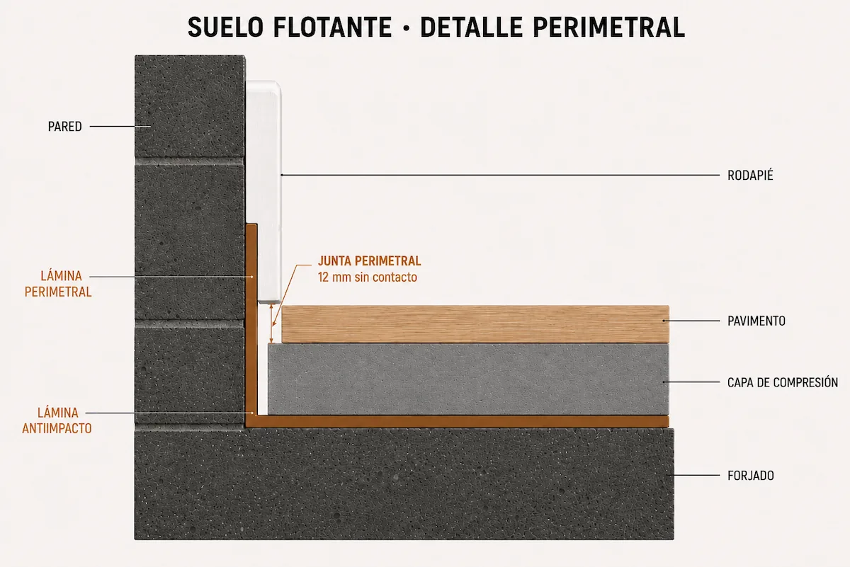 Sección constructiva del suelo flotante con detalle perimetral: forjado de hormigón, lámina antiimpacto en gris azulado ascendiendo por el encuentro con la pared hasta superar la cota del mortero, capa de mortero semiseco flotante sin contacto con la pared, pavimento de tarima flotante, rodapié separado de la pared. Detalle ampliado en círculo mostrando la junta perimetral y el correcto solape de la lámina