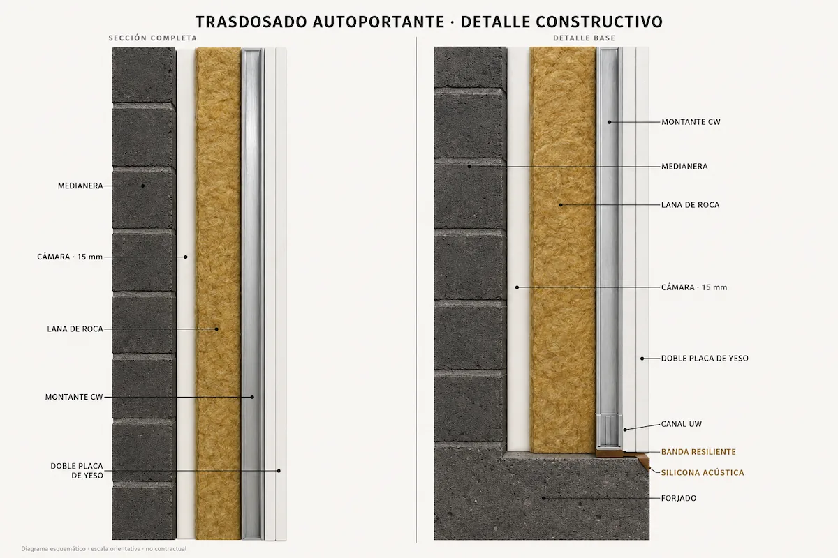 Sección constructiva detallada del trasdosado autoportante: de izquierda a derecha, pared medianera existente con cámara de aire, lana de roca 70mm en la cavidad, montante CW metálico separado de la pared, doble placa de yeso laminado. Detalle ampliado en esquina inferior mostrando el canal UW sobre banda resiliente de elastómero en el encuentro con el forjado, con junta de silicona acústica en el perímetro de la placa de yeso