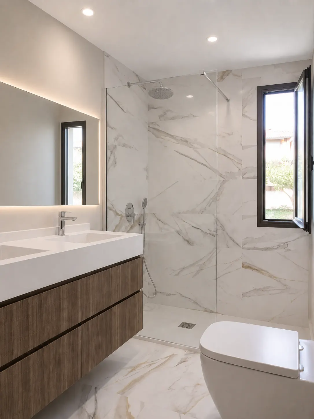 Baño terminado con mármol y madera en Pozuelo de Alarcón